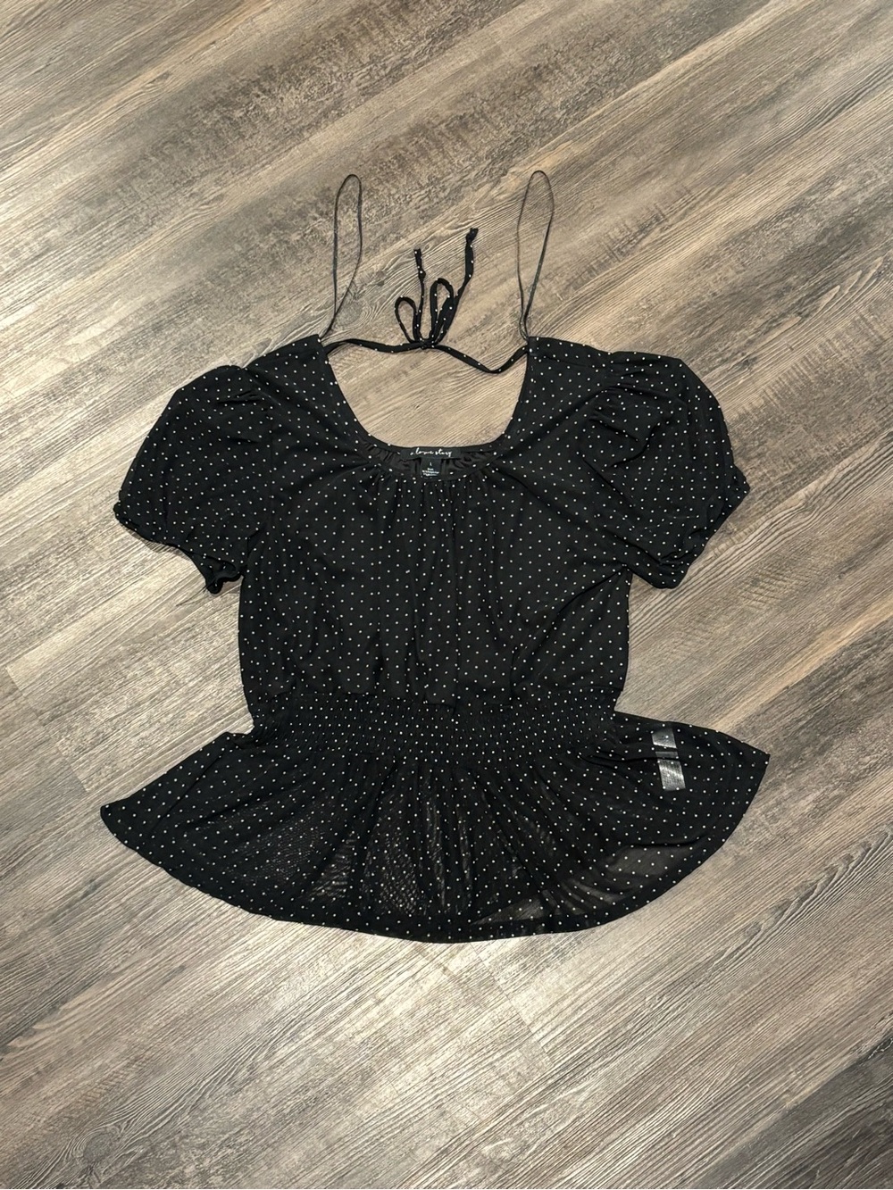 Black Polka-Dot Puff Sleeve Peplum Blouse with Tie Neck